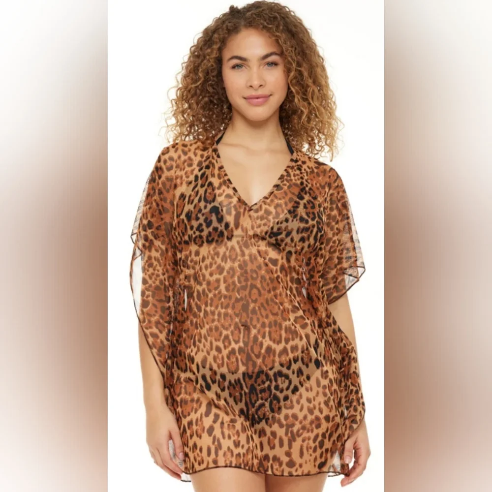 Jordan Taylor‎ leopard animal print sheer mesh v-neck cover-up dress size Large